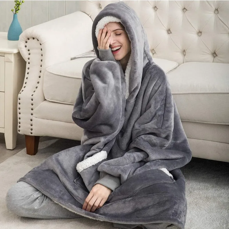 Oversized Blanket Hoodie Women Winter Hooded Wearable Family TV Blanket With Sleeves Sherpa Fleece Sweat Plaid Hoody Sweatshirt