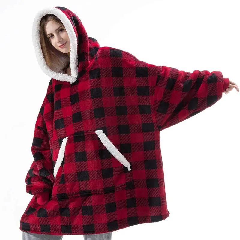 Oversized Blanket Hoodie Women Winter Hooded Wearable Family TV Blanket With Sleeves Sherpa Fleece Sweat Plaid Hoody Sweatshirt