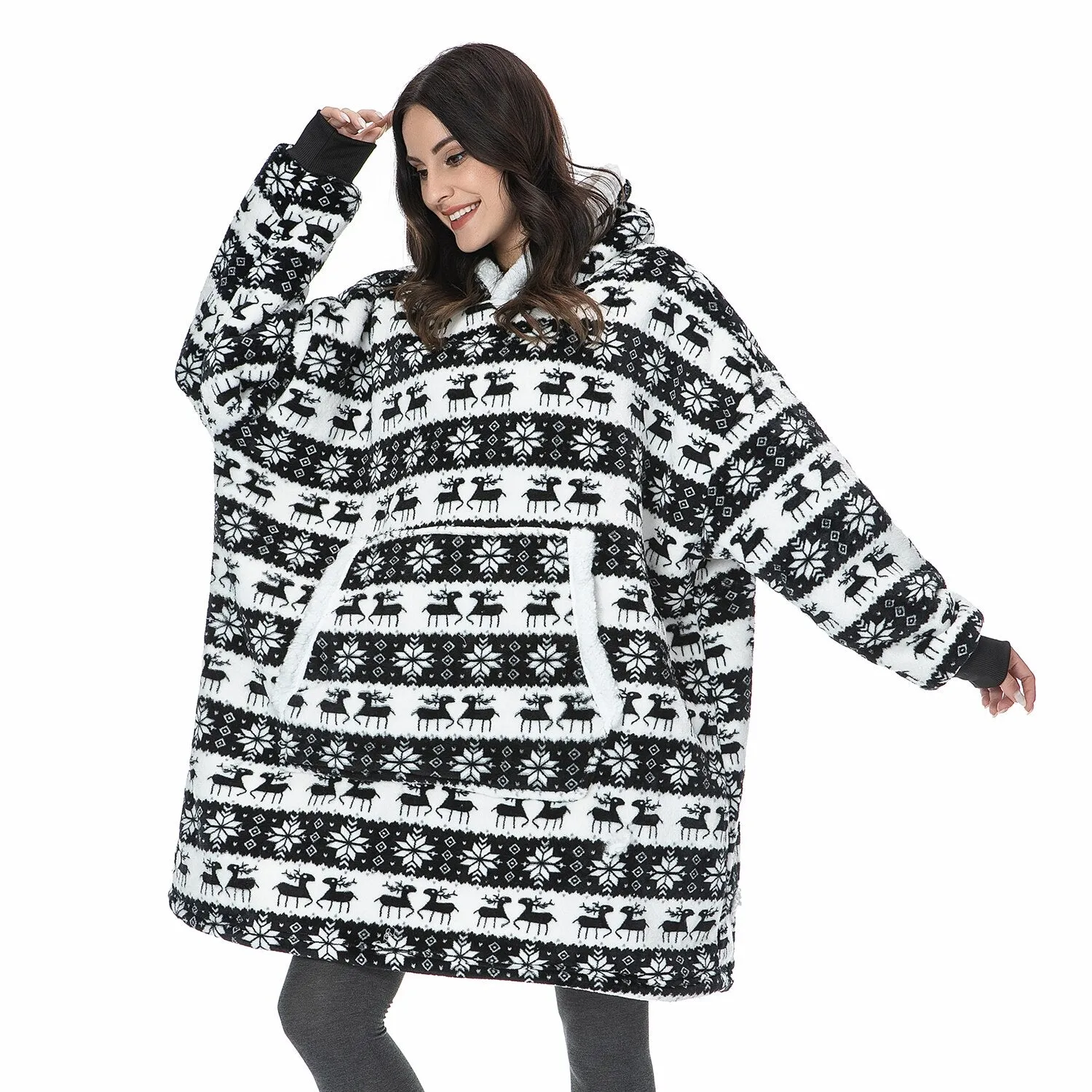 Oversized Blanket Hoodie Women Winter Hooded Wearable Family TV Blanket With Sleeves Sherpa Fleece Sweat Plaid Hoody Sweatshirt