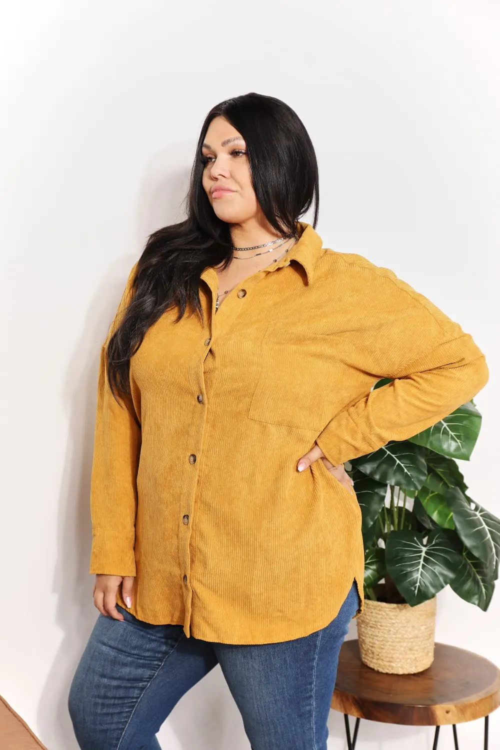 Oversized Corduroy  Button-Down Tunic Shirt with Bust Pocket