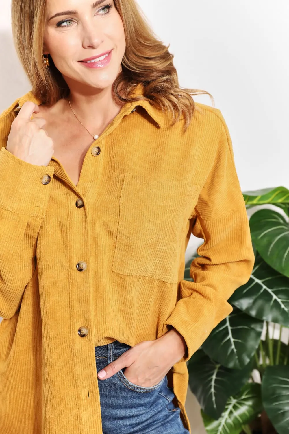 Oversized Corduroy  Button-Down Tunic Shirt with Bust Pocket