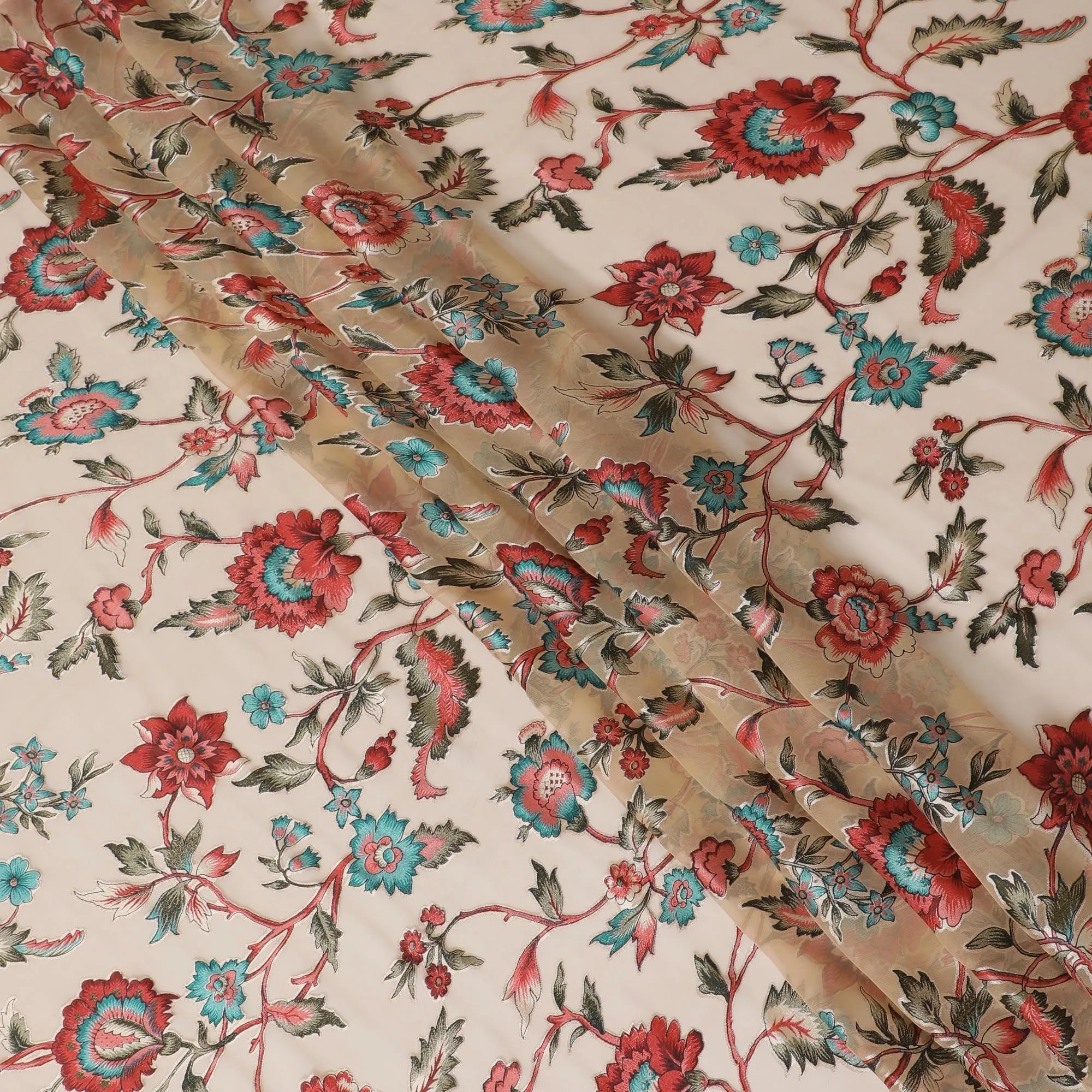 Pale brown synthetic chiffon fabric with multicolor print having jacquard in floral design-D13767