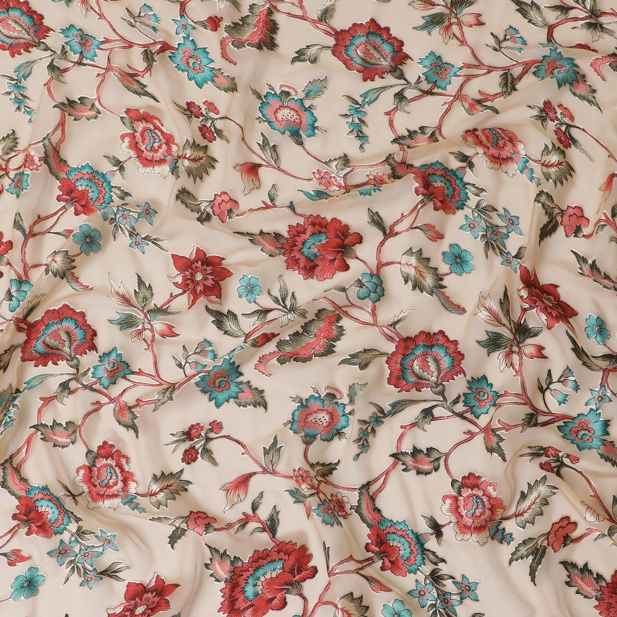 Pale brown synthetic chiffon fabric with multicolor print having jacquard in floral design-D13767