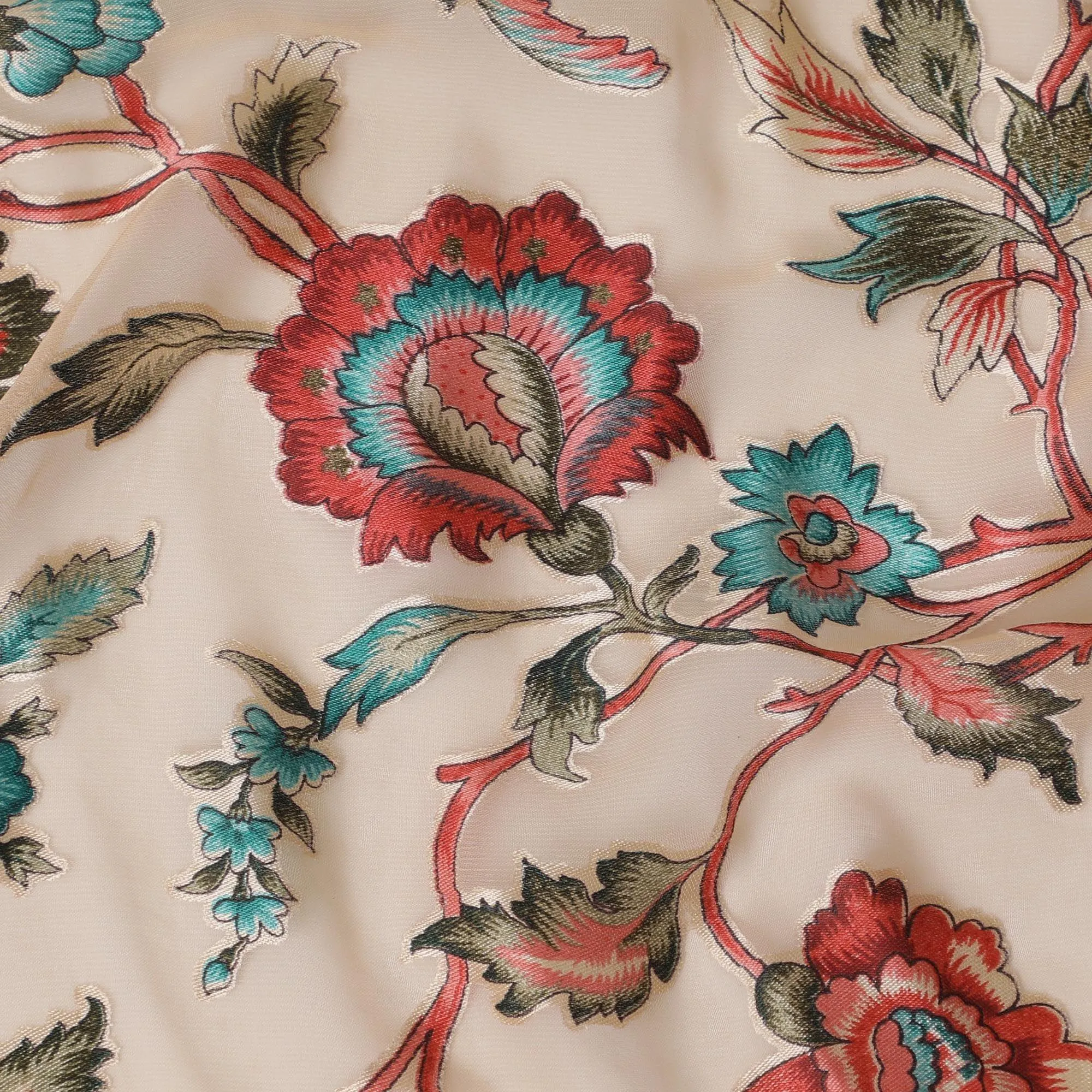 Pale brown synthetic chiffon fabric with multicolor print having jacquard in floral design-D13767