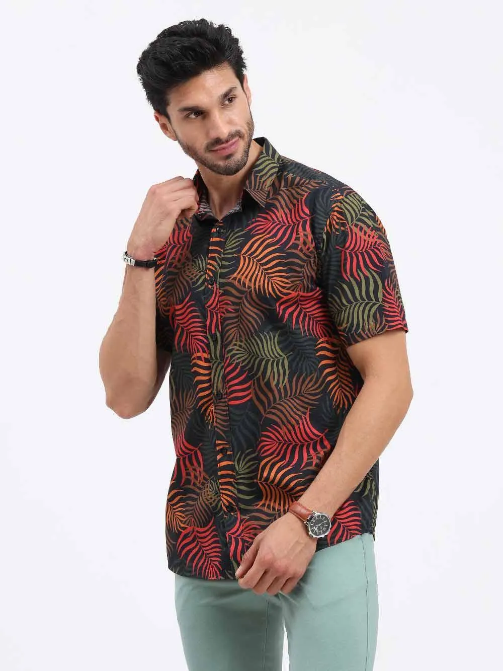 Palm Leaves Printed Cotton Half Sleeve Shirt