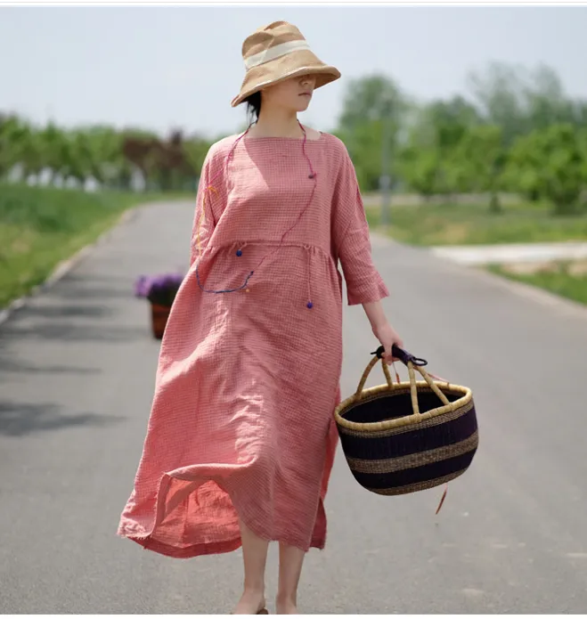 Pink Plaid Linen loose Summer Dress Maxi Women Dress XMLP9201229