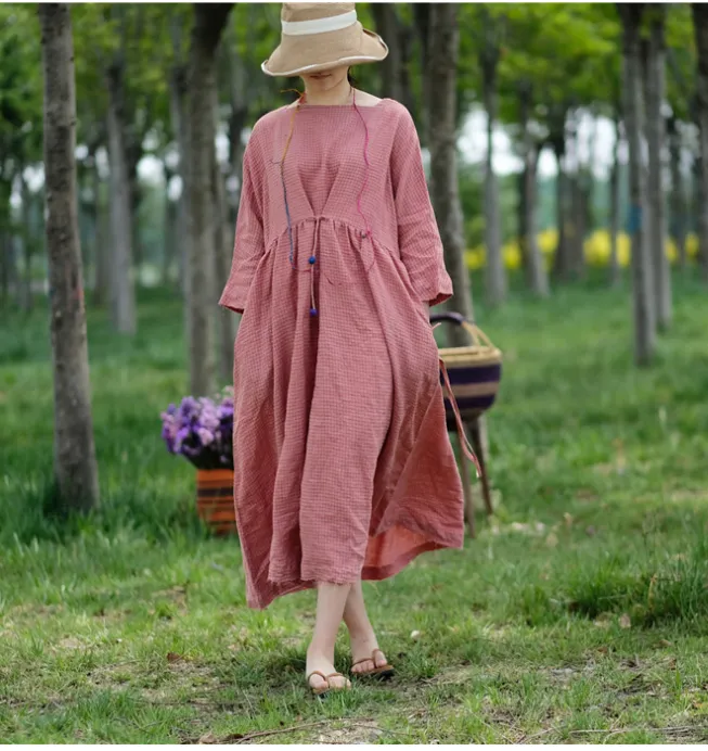 Pink Plaid Linen loose Summer Dress Maxi Women Dress XMLP9201229