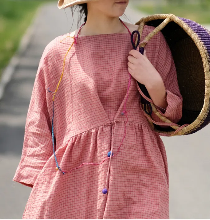 Pink Plaid Linen loose Summer Dress Maxi Women Dress XMLP9201229