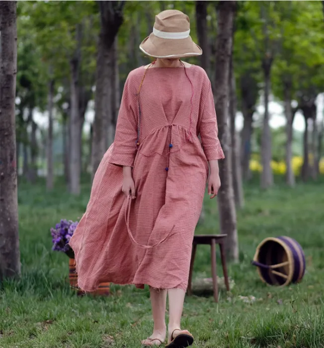 Pink Plaid Linen loose Summer Dress Maxi Women Dress XMLP9201229