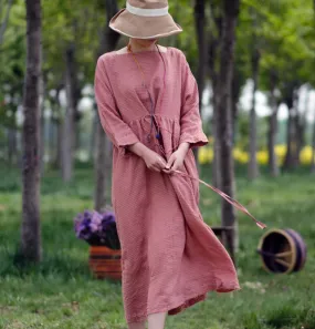 Pink Plaid Linen loose Summer Dress Maxi Women Dress XMLP9201229