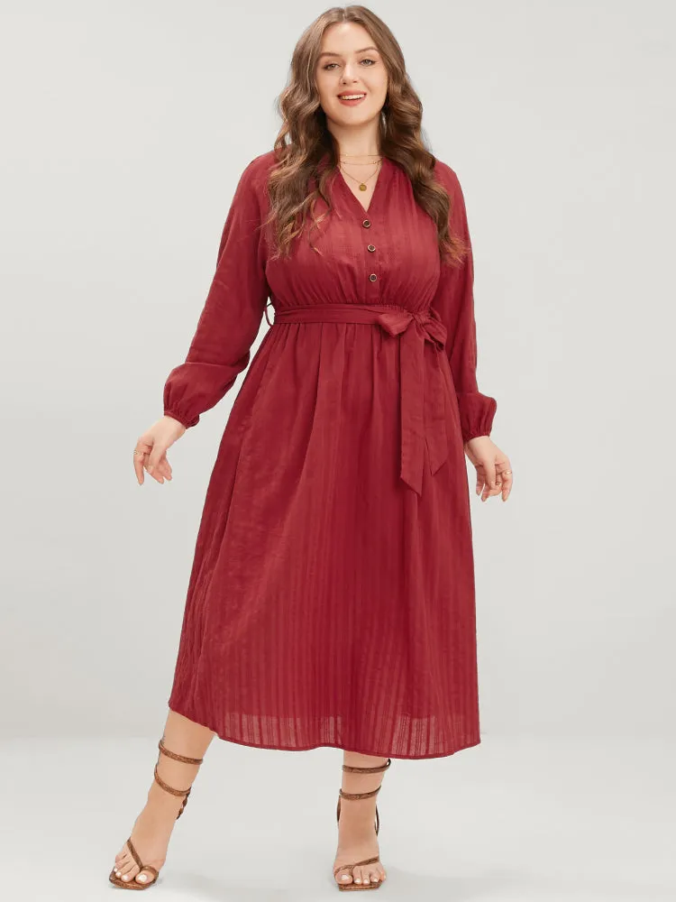 Plain Button Up Lantern Sleeve Pocket Belted Dress