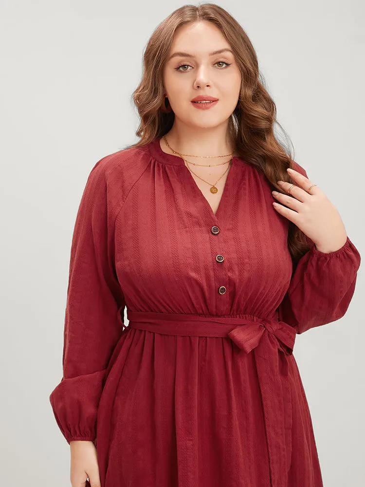 Plain Button Up Lantern Sleeve Pocket Belted Dress