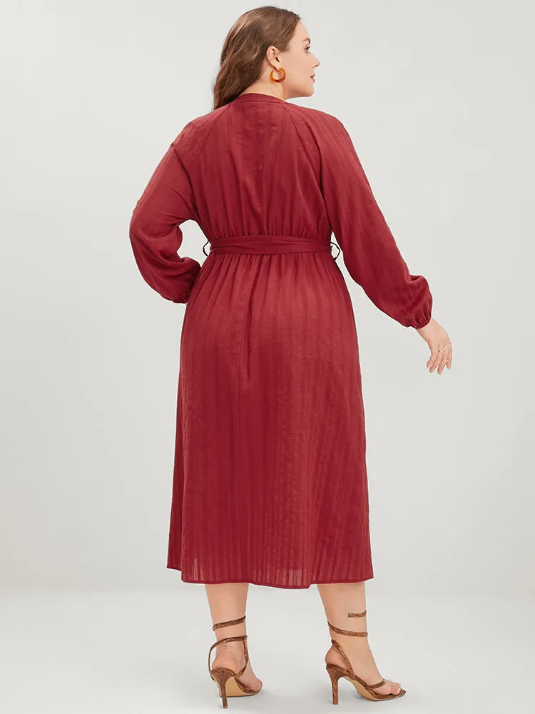 Plain Button Up Lantern Sleeve Pocket Belted Dress