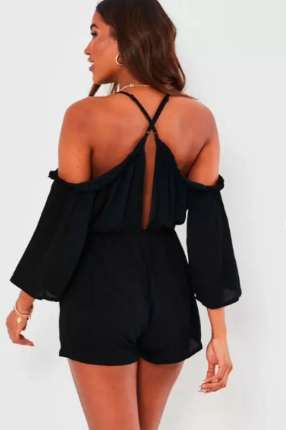 Plunge Neck Cold Shoulder Romper