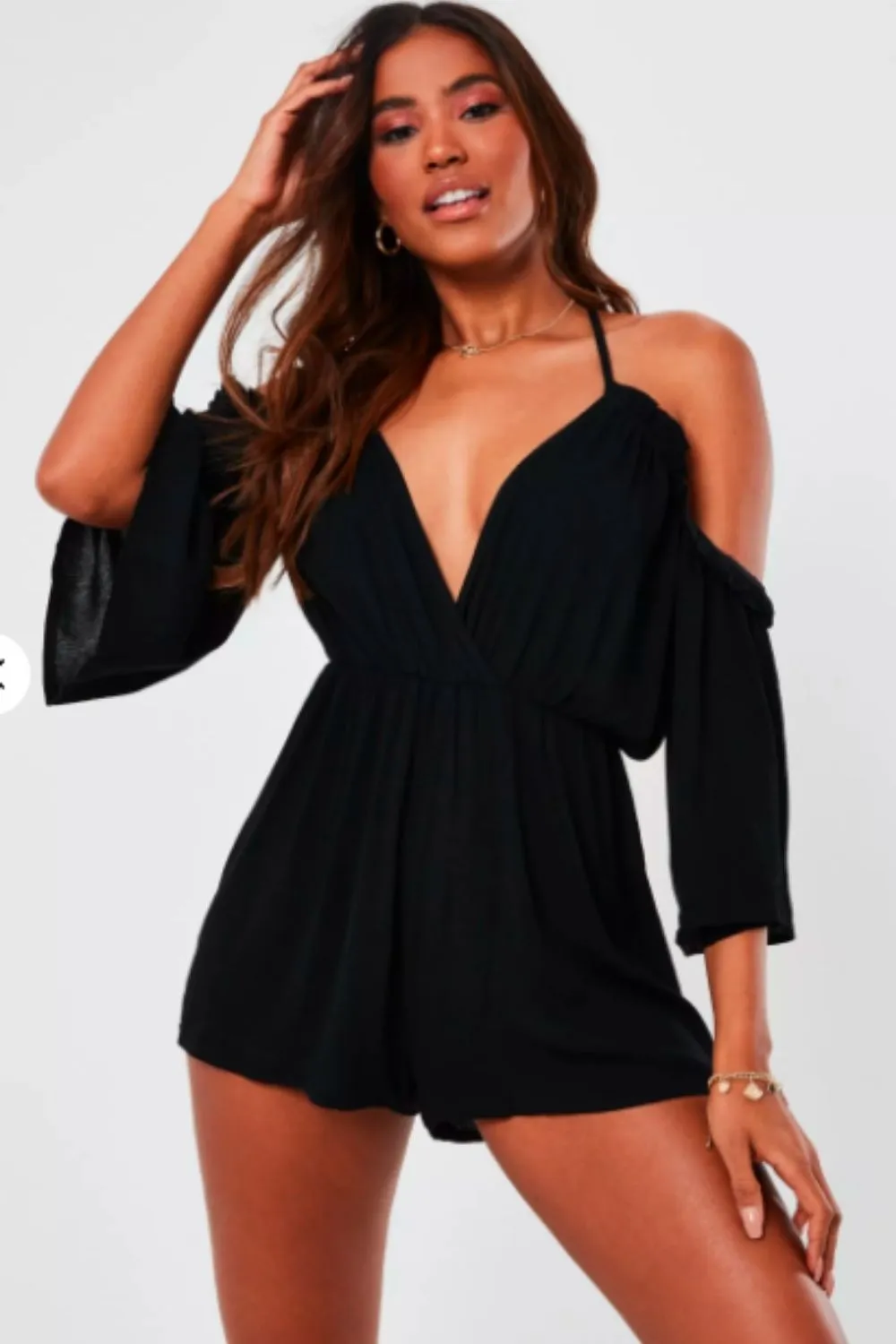 Plunge Neck Cold Shoulder Romper