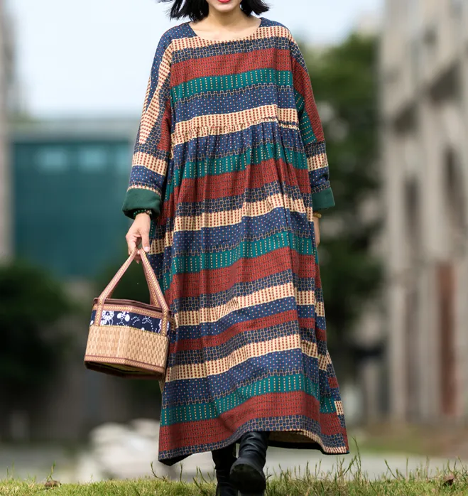 Print Stripe Long Sleeve Summer Cotton Fleece Dress Women Dress XSYCP9201229