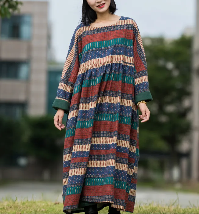 Print Stripe Long Sleeve Summer Cotton Fleece Dress Women Dress XSYCP9201229