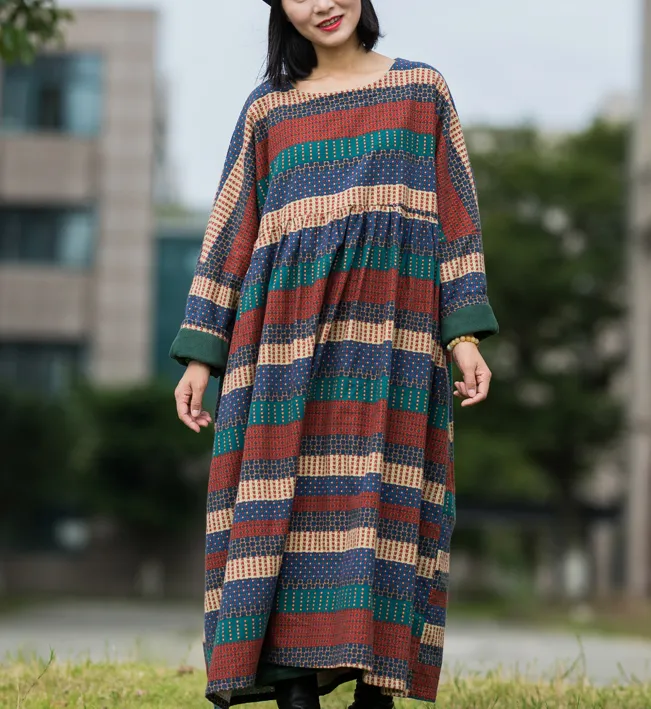 Print Stripe Long Sleeve Summer Cotton Fleece Dress Women Dress XSYCP9201229