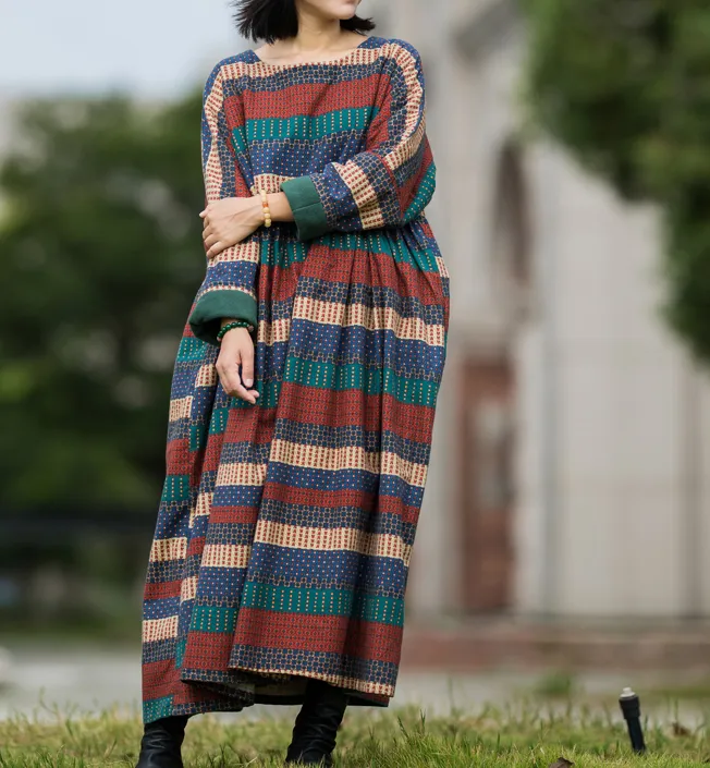 Print Stripe Long Sleeve Summer Cotton Fleece Dress Women Dress XSYCP9201229