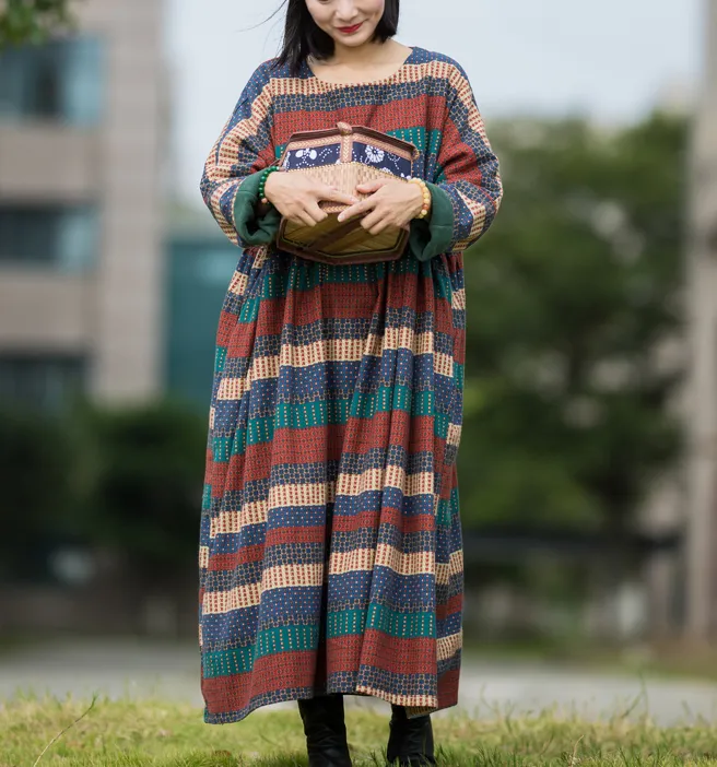 Print Stripe Long Sleeve Summer Cotton Fleece Dress Women Dress XSYCP9201229