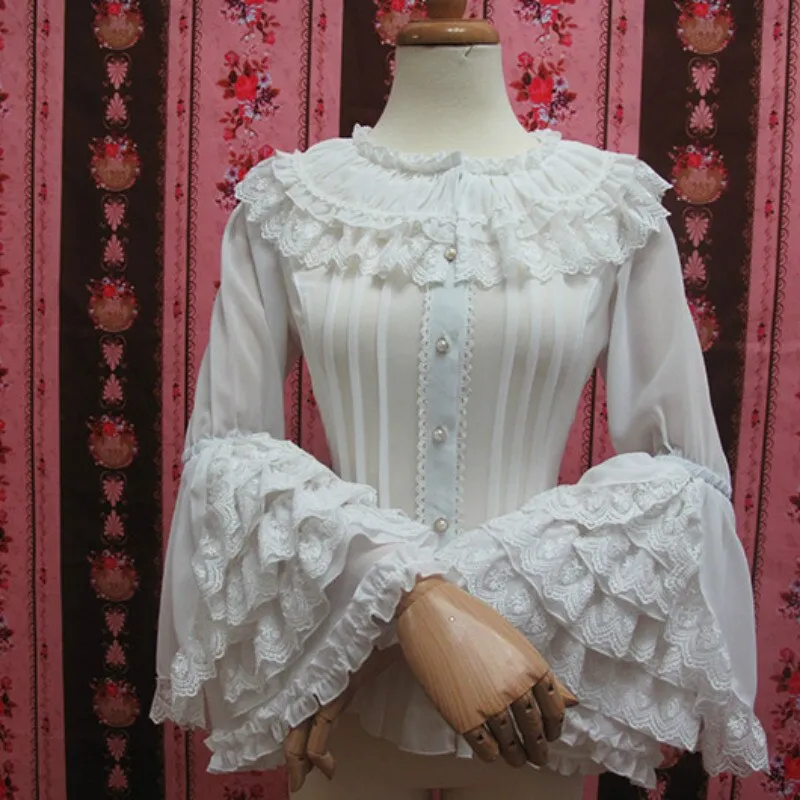 Retro Style Long Flare Sleeve Lolita Lace Blouse Women's Plus Size Chiffon White Shirt with Layered Lace Ruffles