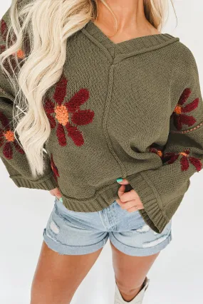 sage green big flower knit sweater