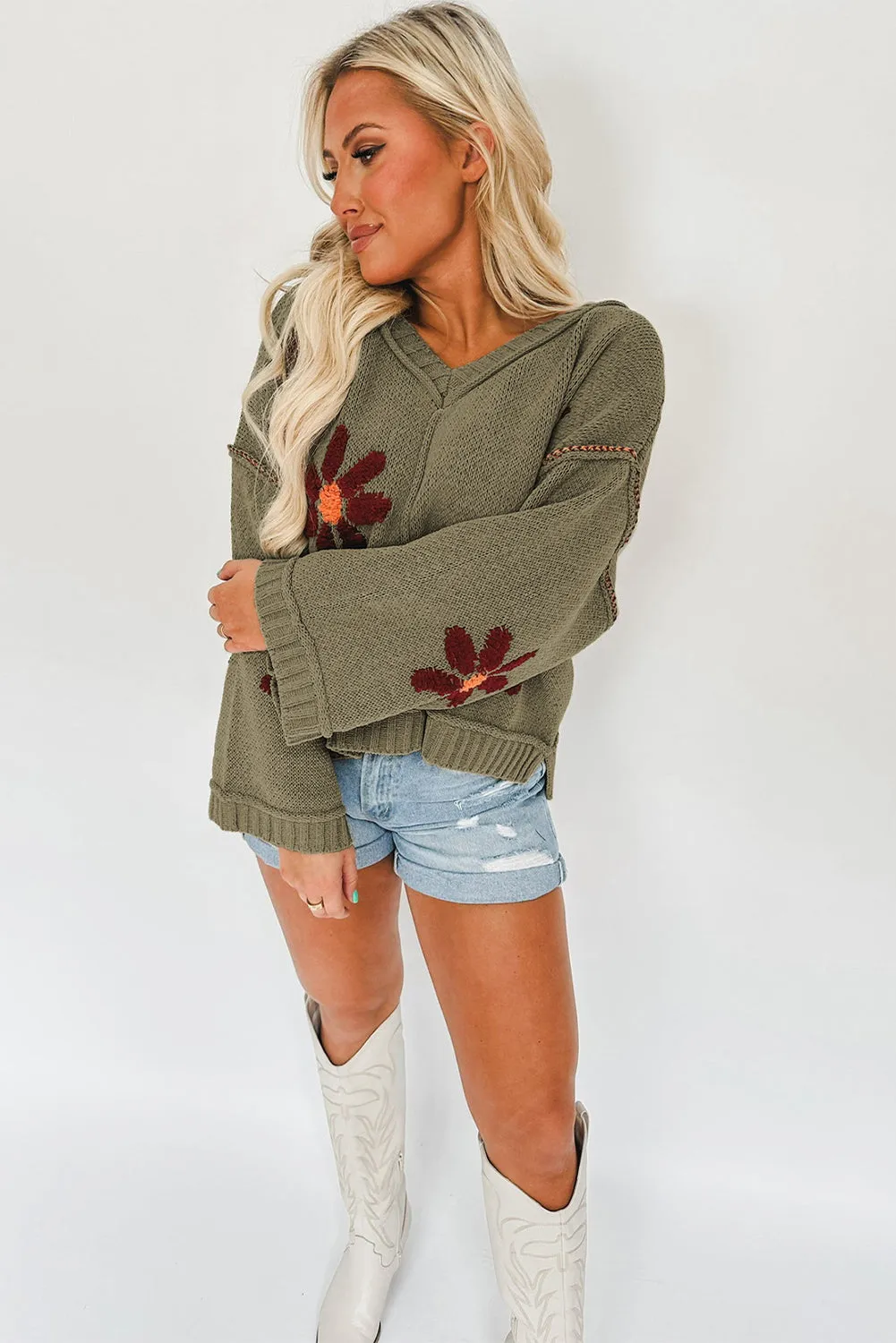 sage green big flower knit sweater