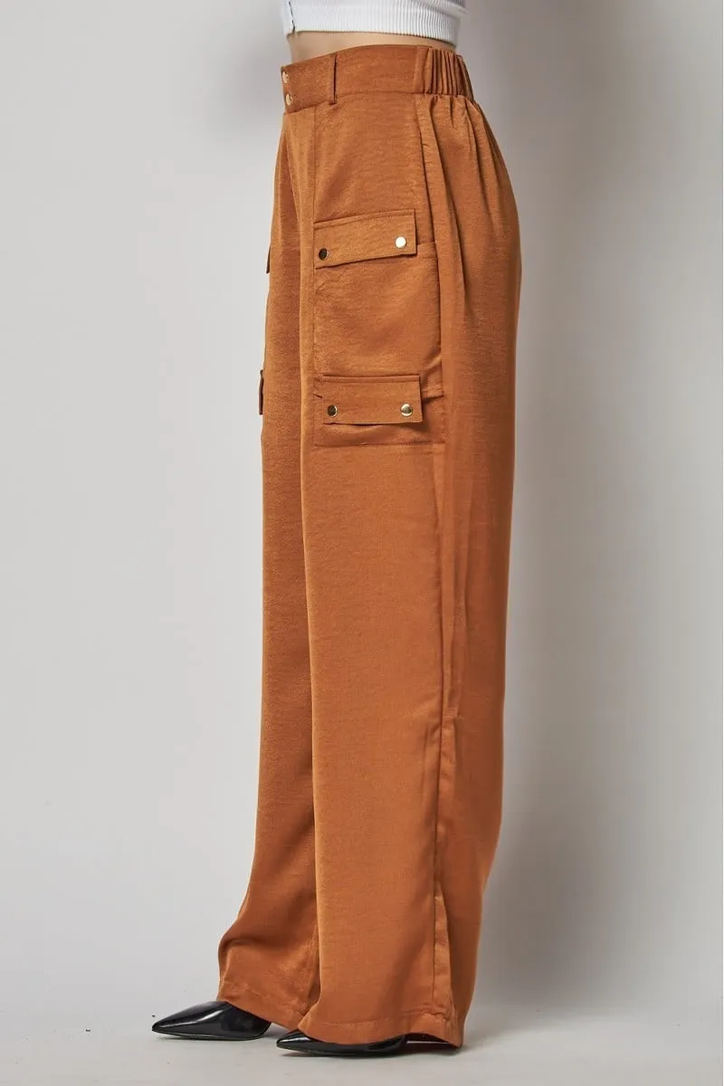 Satin cargo pocket wide leg pants