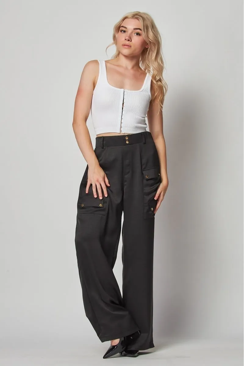 Satin cargo pocket wide leg pants