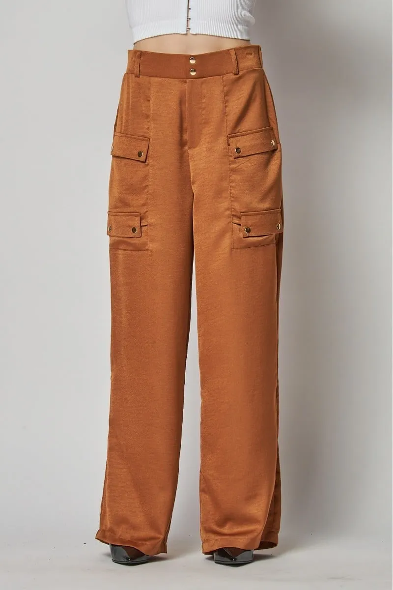 Satin cargo pocket wide leg pants