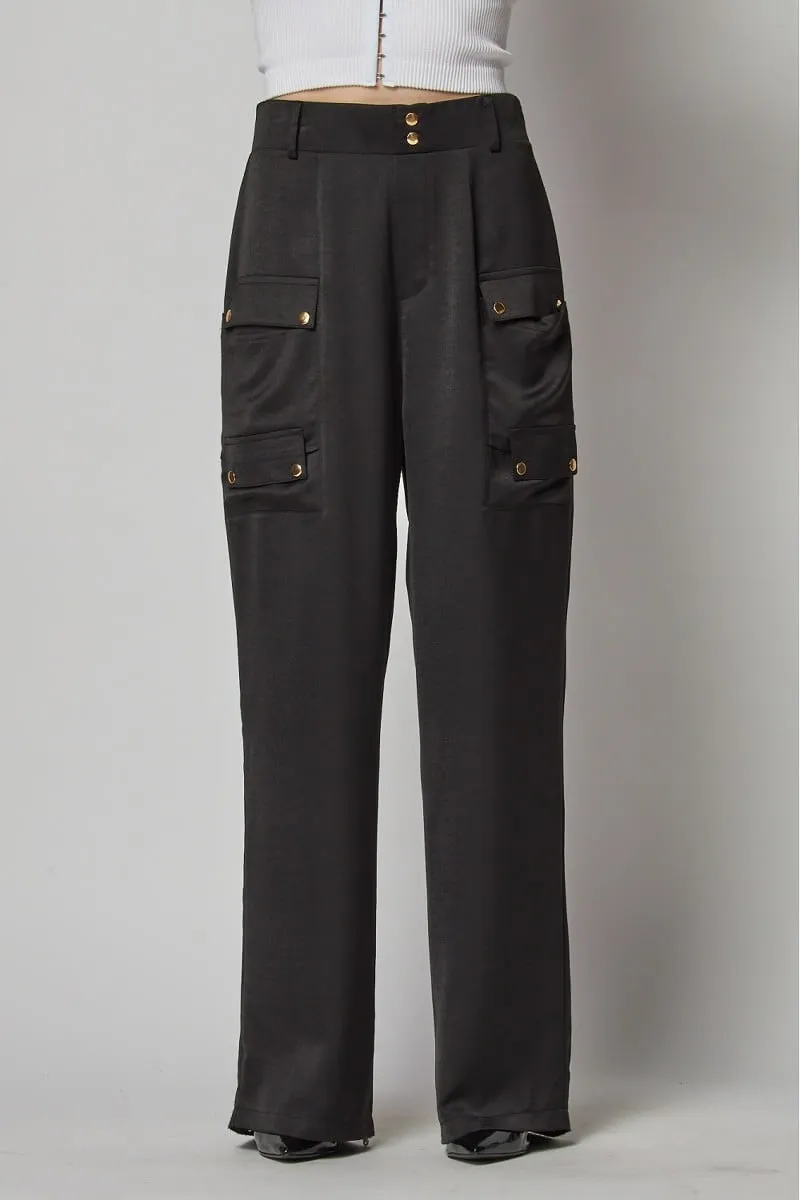 Satin cargo pocket wide leg pants