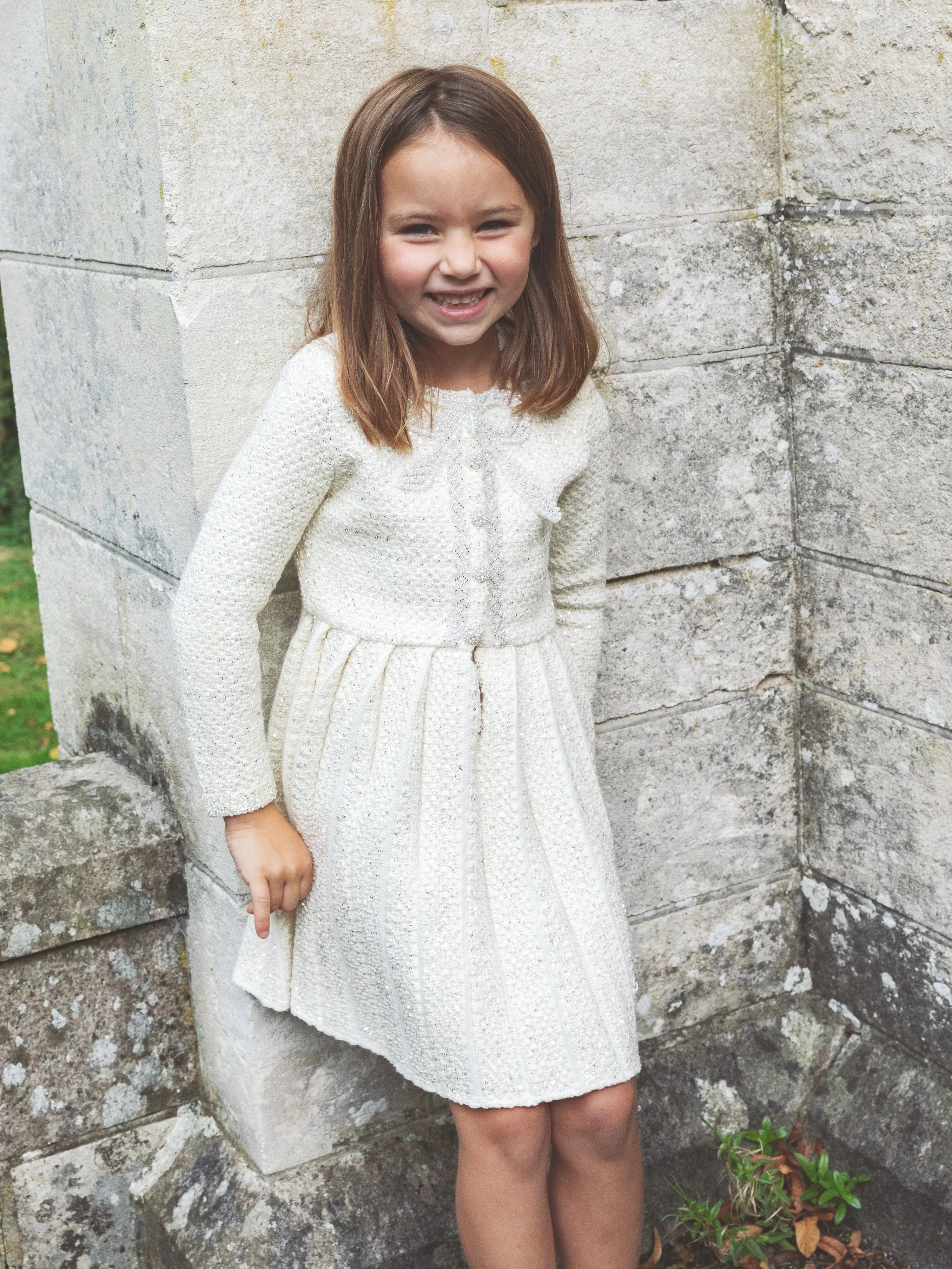 Self Portrait Girls Knitted Bow Dress in Ivory