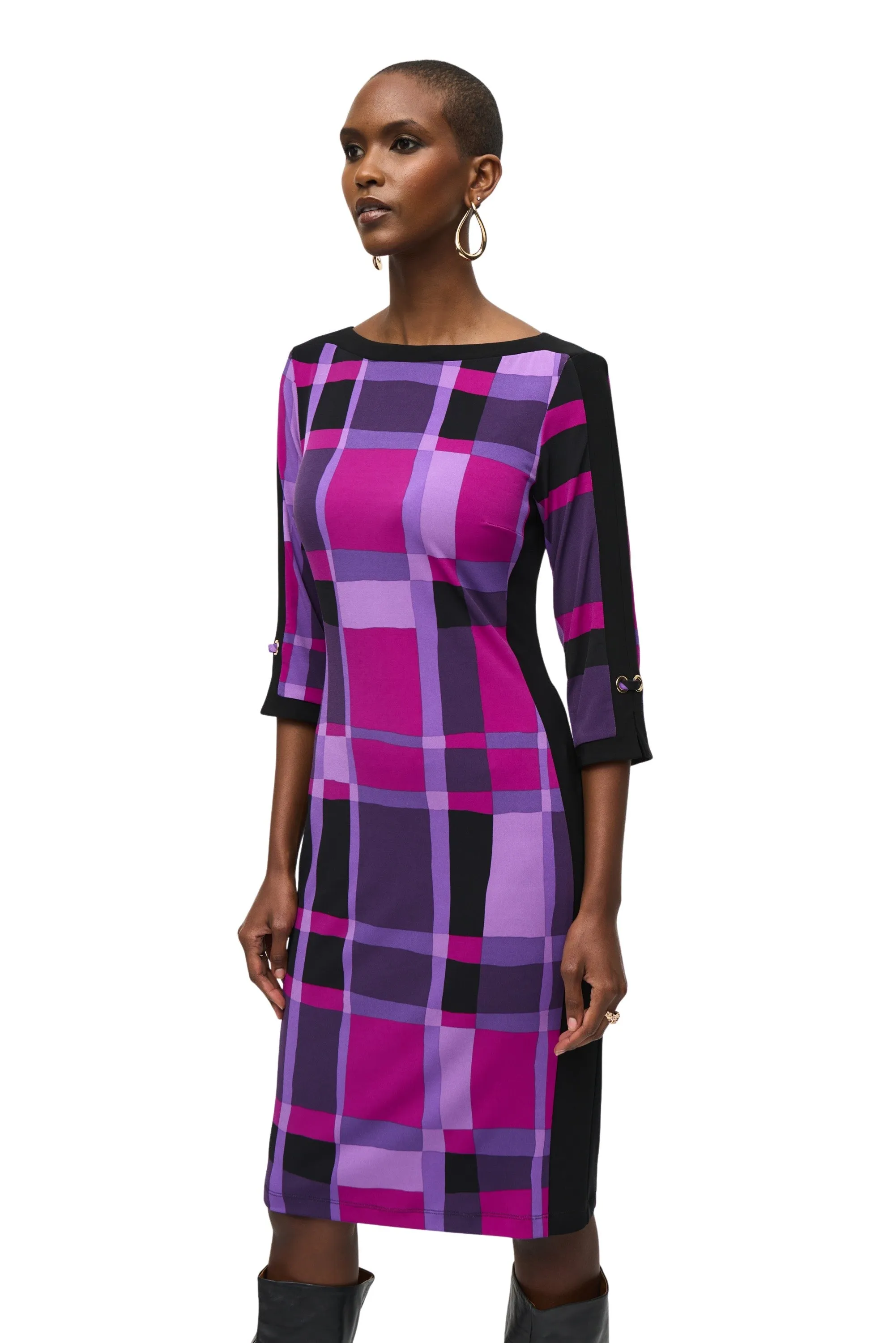 Silky Knit Plaid Print Sheath Dress