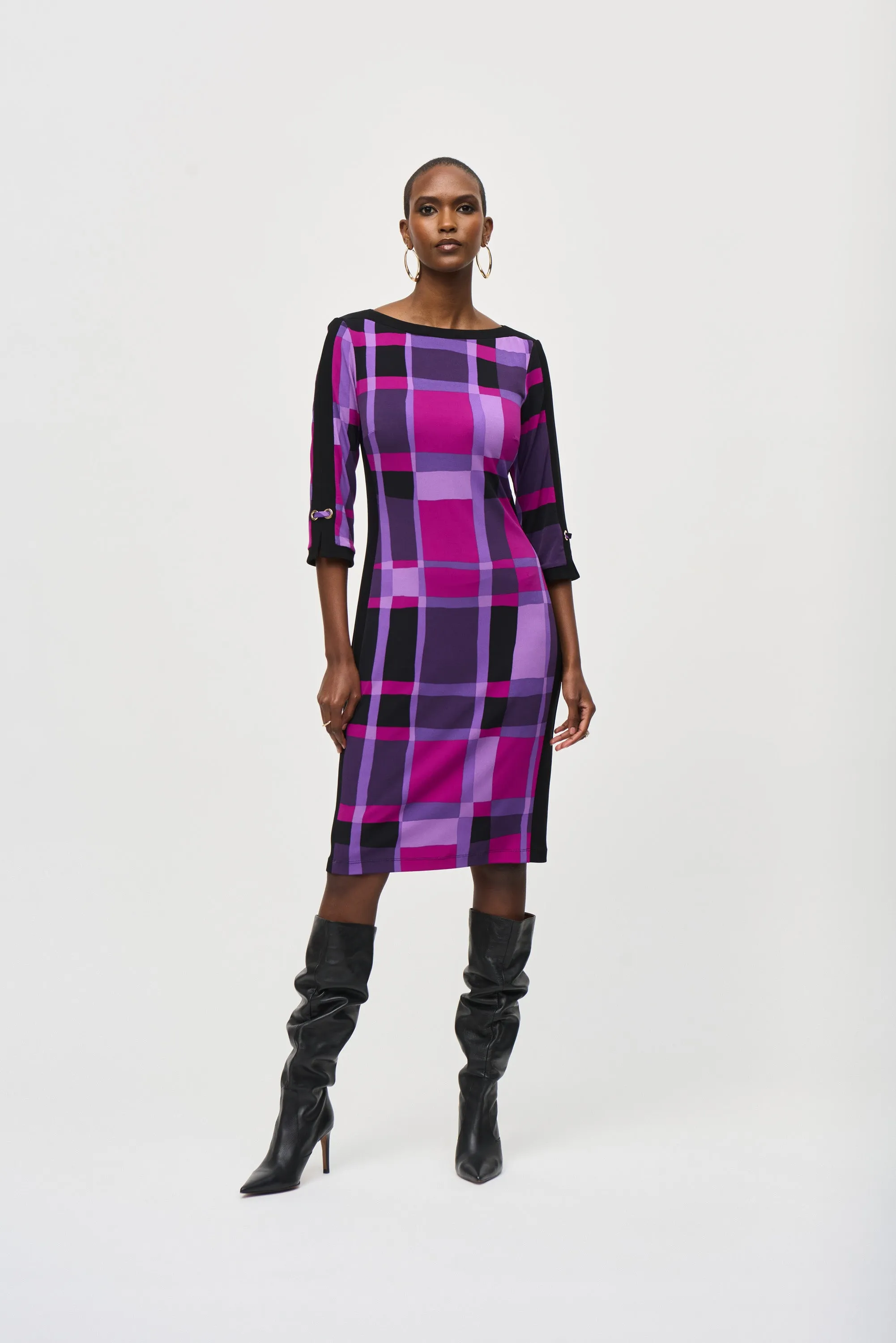 Silky Knit Plaid Print Sheath Dress