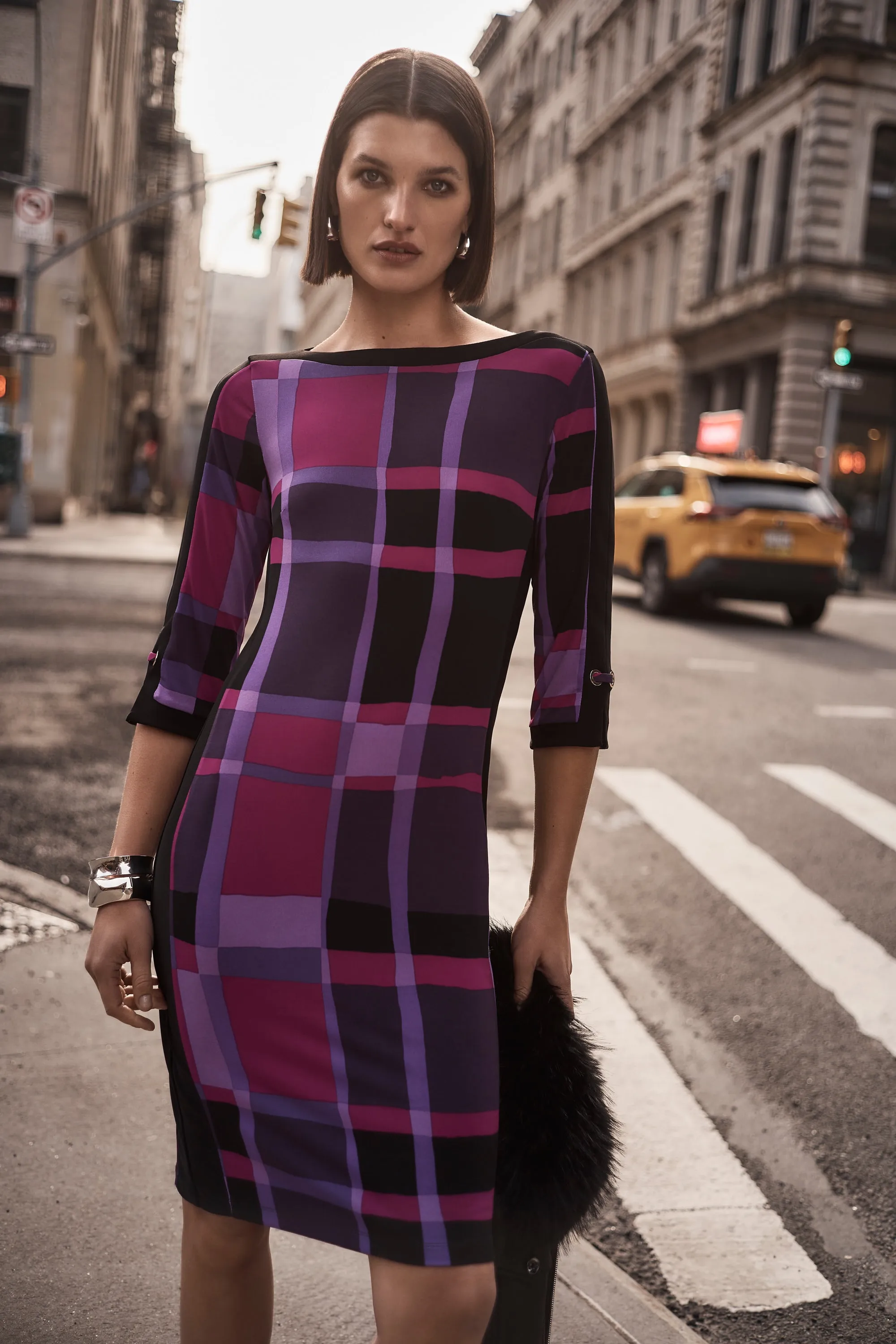 Silky Knit Plaid Print Sheath Dress