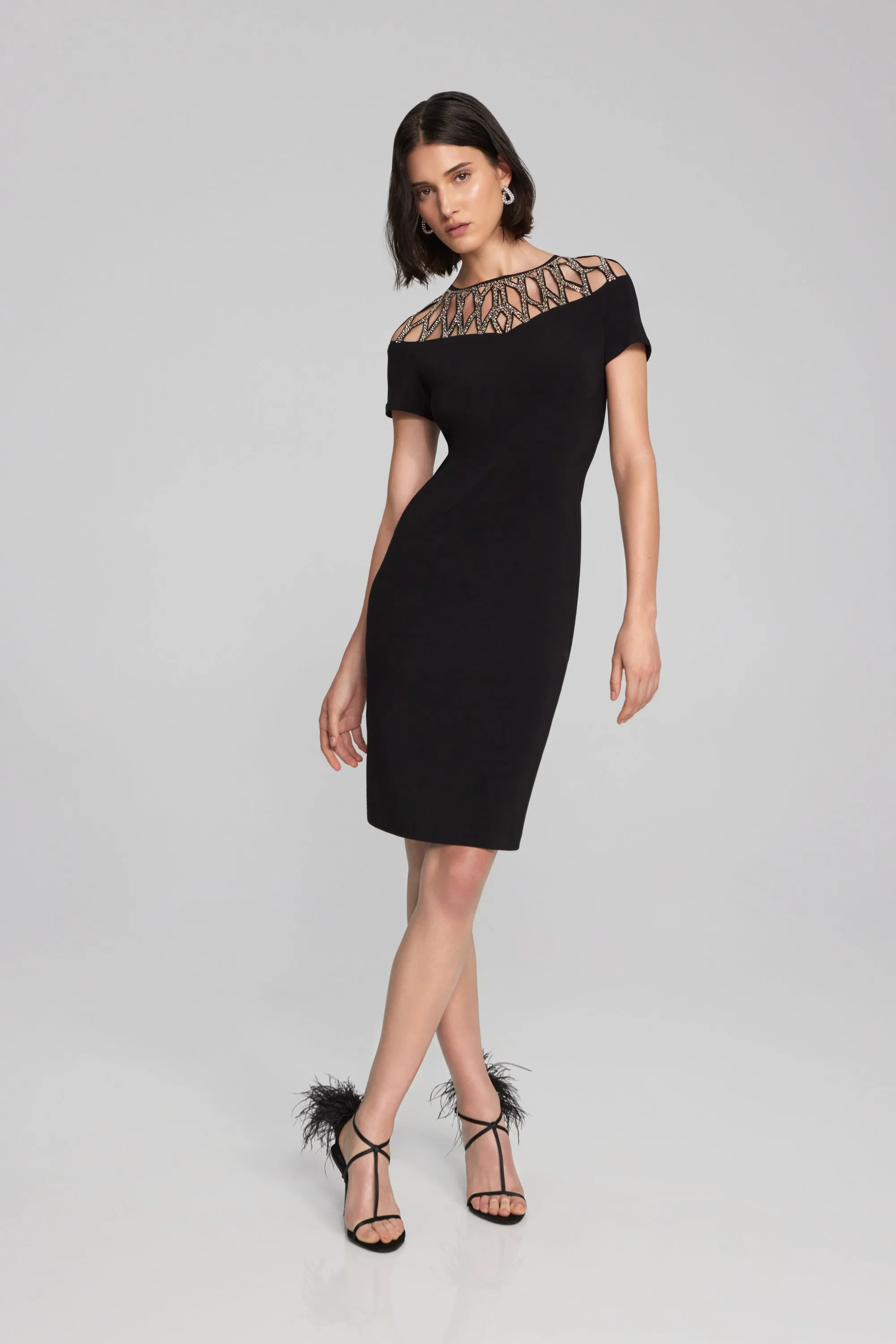 Silky Knit Sheath Dress With Embellished Neckline