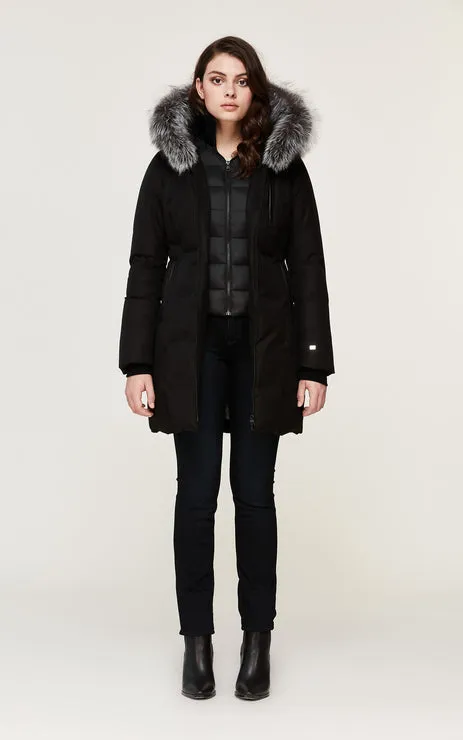 SOIA & KYO WOMENS CHRISTY BRUSHED DOWN COAT WITH REMOVABLE SILVER FUR BLACK