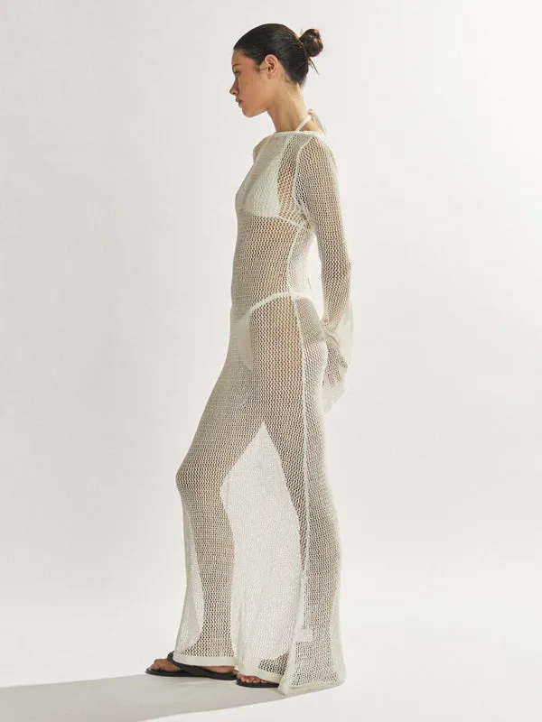 TEEK - Knitted Long-Sleeved Backless Netted Dress