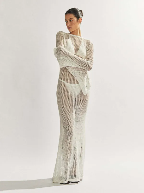 TEEK - Knitted Long-Sleeved Backless Netted Dress