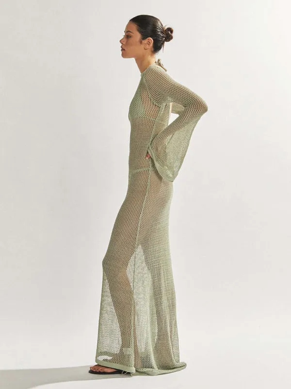 TEEK - Knitted Long-Sleeved Backless Netted Dress