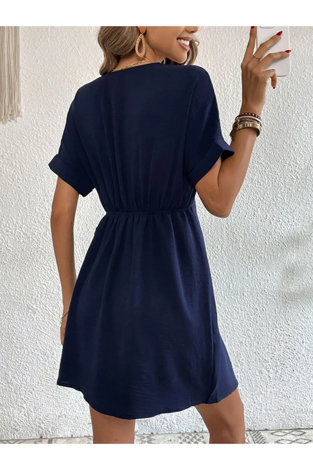 Tied Cuffed Sleeve Surplice Dress