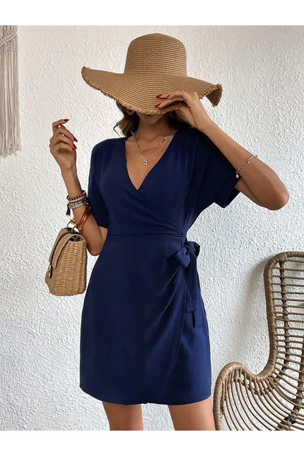 Tied Cuffed Sleeve Surplice Dress