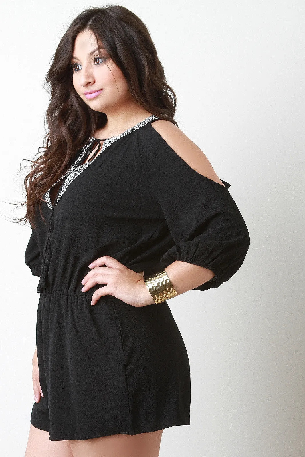 Tribal Trim V-Neck Cold Shoulder Romper