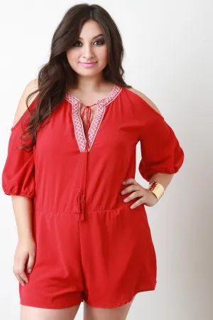 Tribal Trim V-Neck Cold Shoulder Romper