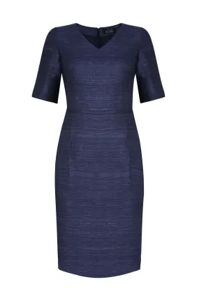 V-Neck Shift Dress with Short Sleeves in Navy Raw Silk Tussar - Amelia