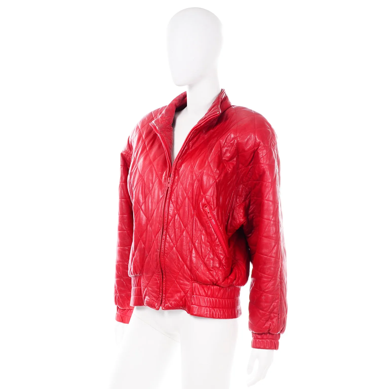 Vakko Vintage Red Quilted Leather Zip Front Jacket