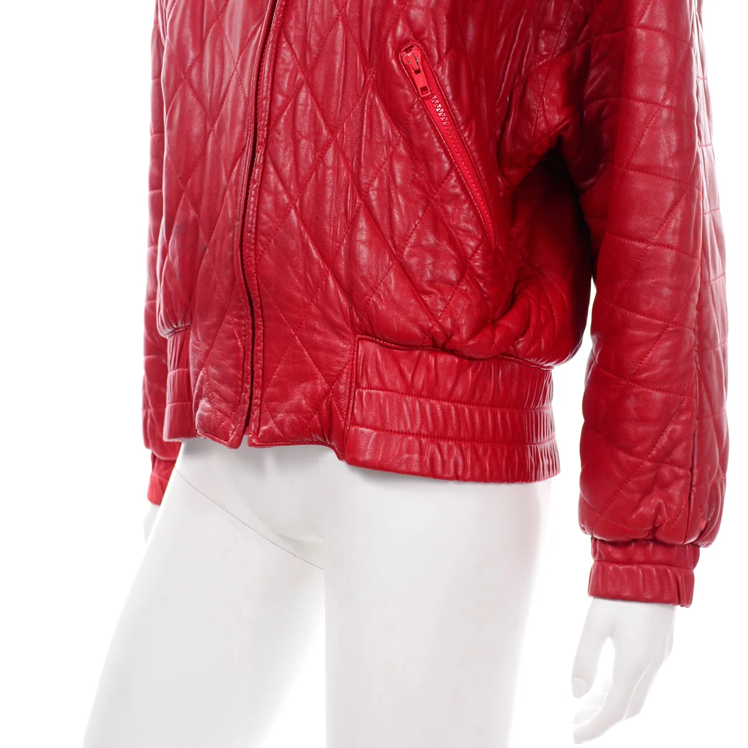 Vakko Vintage Red Quilted Leather Zip Front Jacket