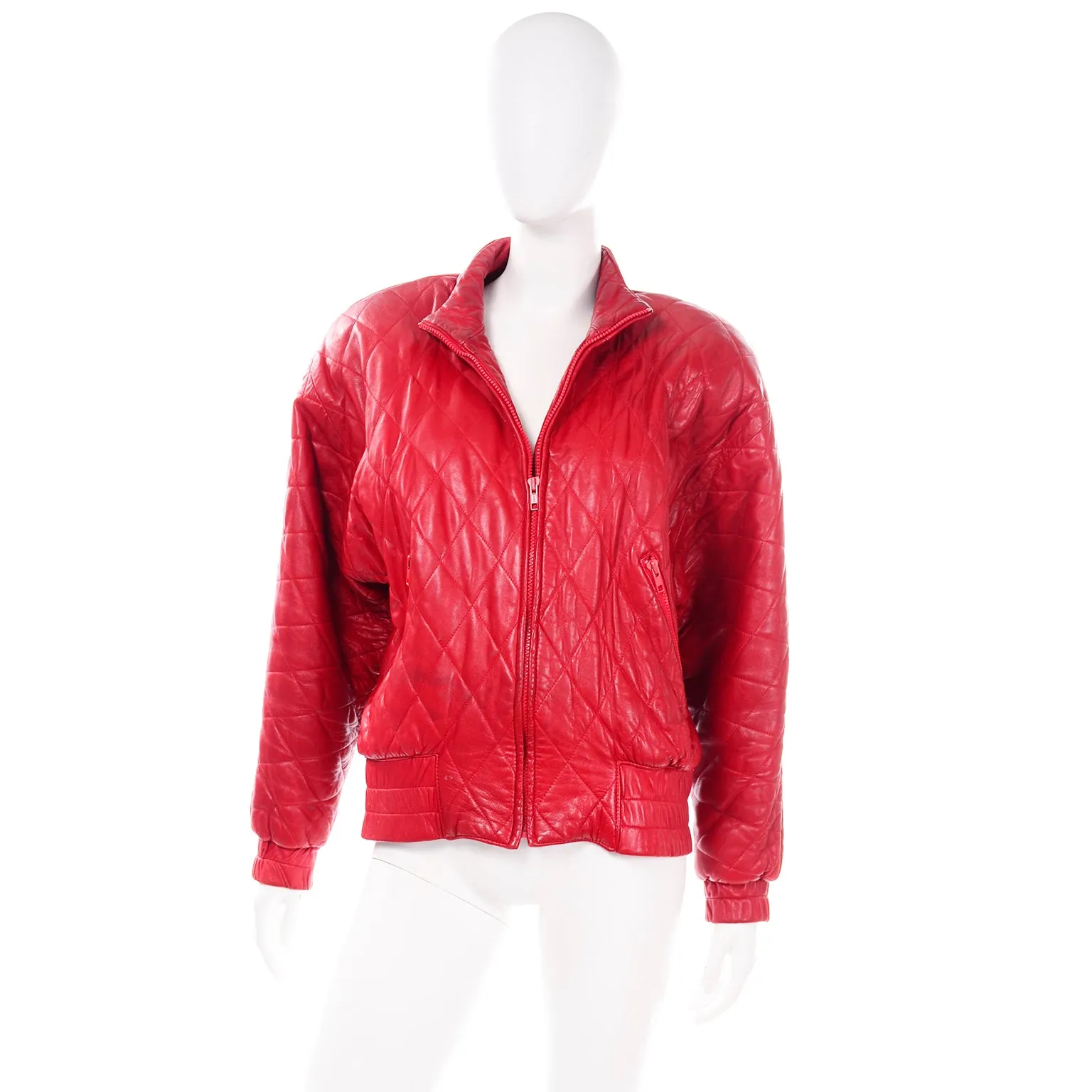 Vakko Vintage Red Quilted Leather Zip Front Jacket