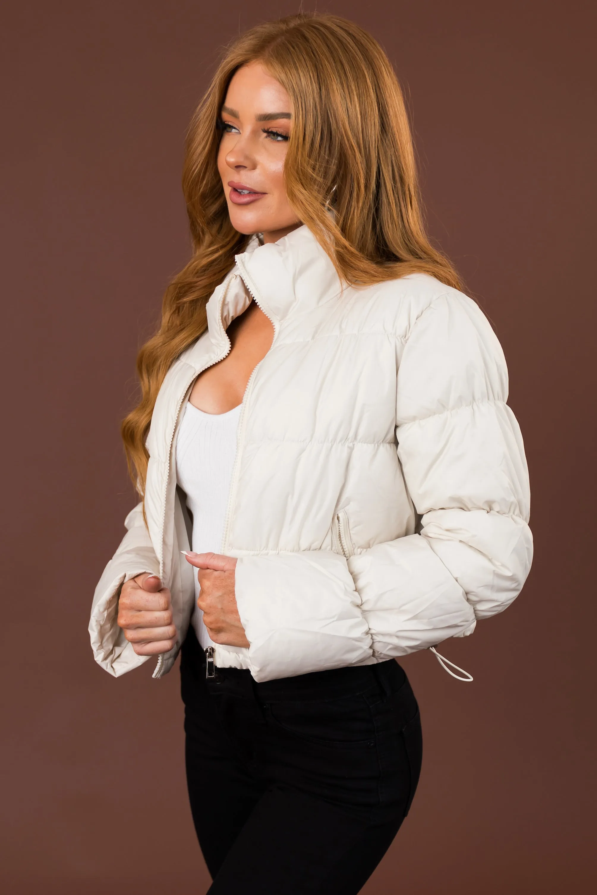 Vanilla Drawstring Hem Cropped Puffer Jacket