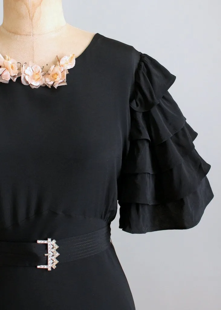 Vintage 1930s Seville Black Rayon Evening Dress